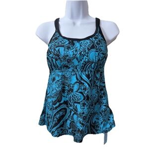 NWT Yonique Womens Blue Black Floral Paisley Tankini Top Strappy Back Small NWT